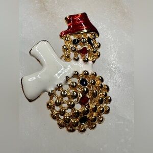 Vintage Gold Snowman Brooch, white scarf, red hat Christmas #Holiday # Snowman
